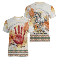 Native American Red Handprint Women V-Neck T-Shirt Watercolor Paint Splash and Brave Horse Art - Wonder Print Shop