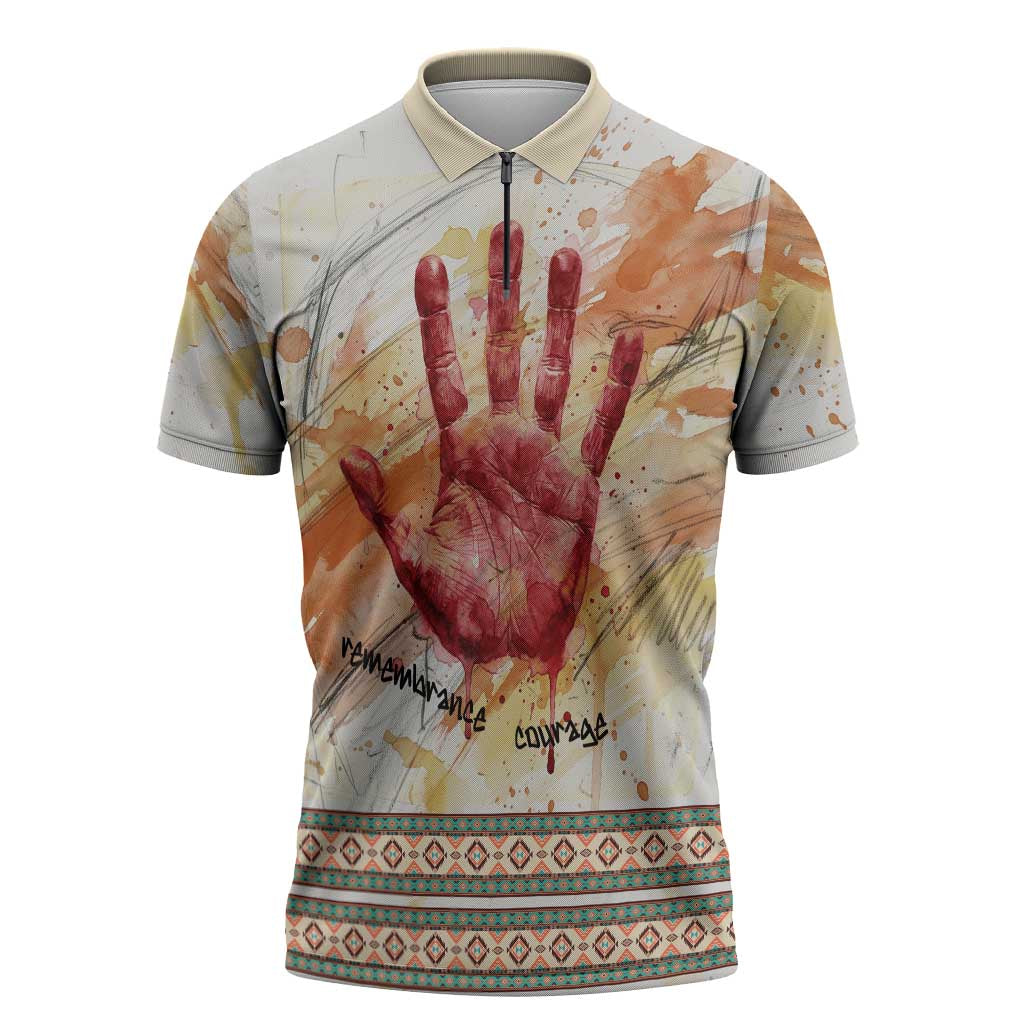 Native American Red Handprint Zipper Polo Shirt Watercolor Paint Splash and Brave Horse Art - Wonder Print Shop