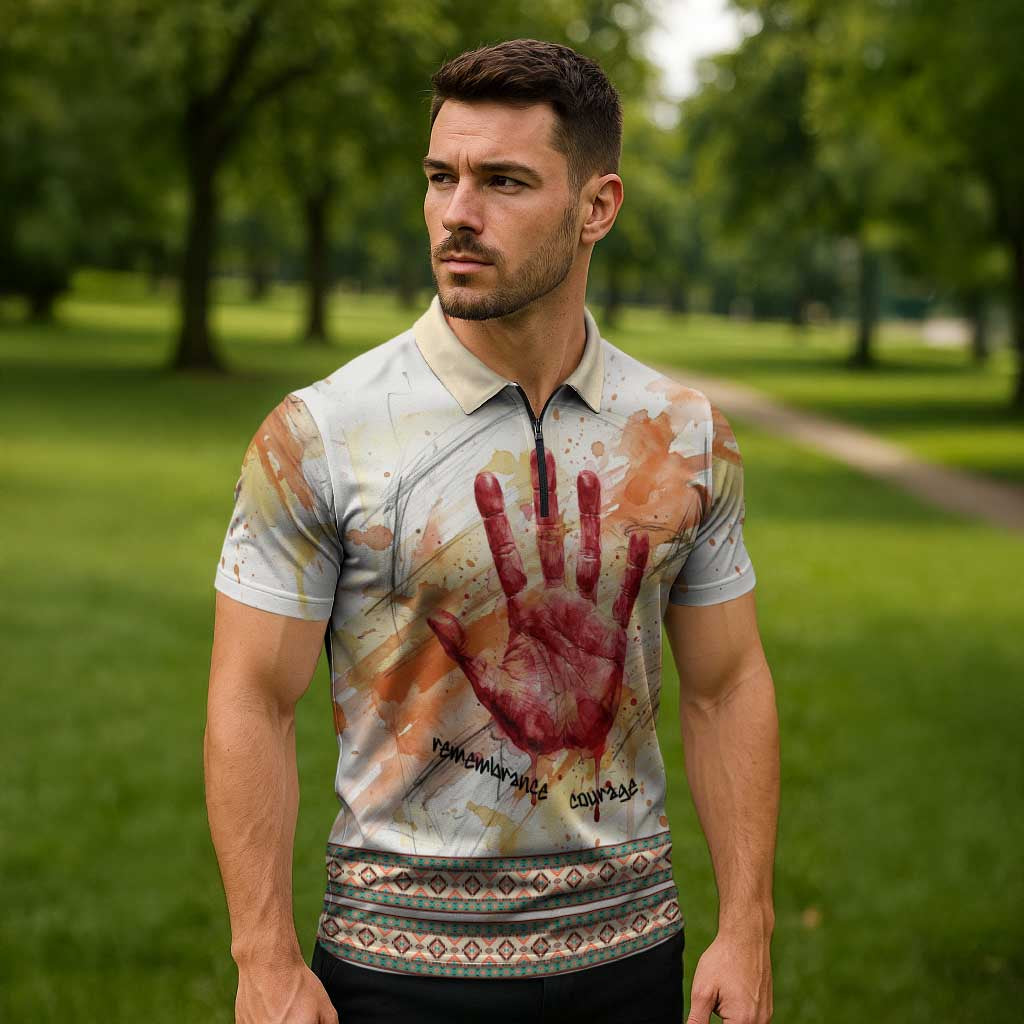 Native American Red Handprint Zipper Polo Shirt Watercolor Paint Splash and Brave Horse Art - Wonder Print Shop