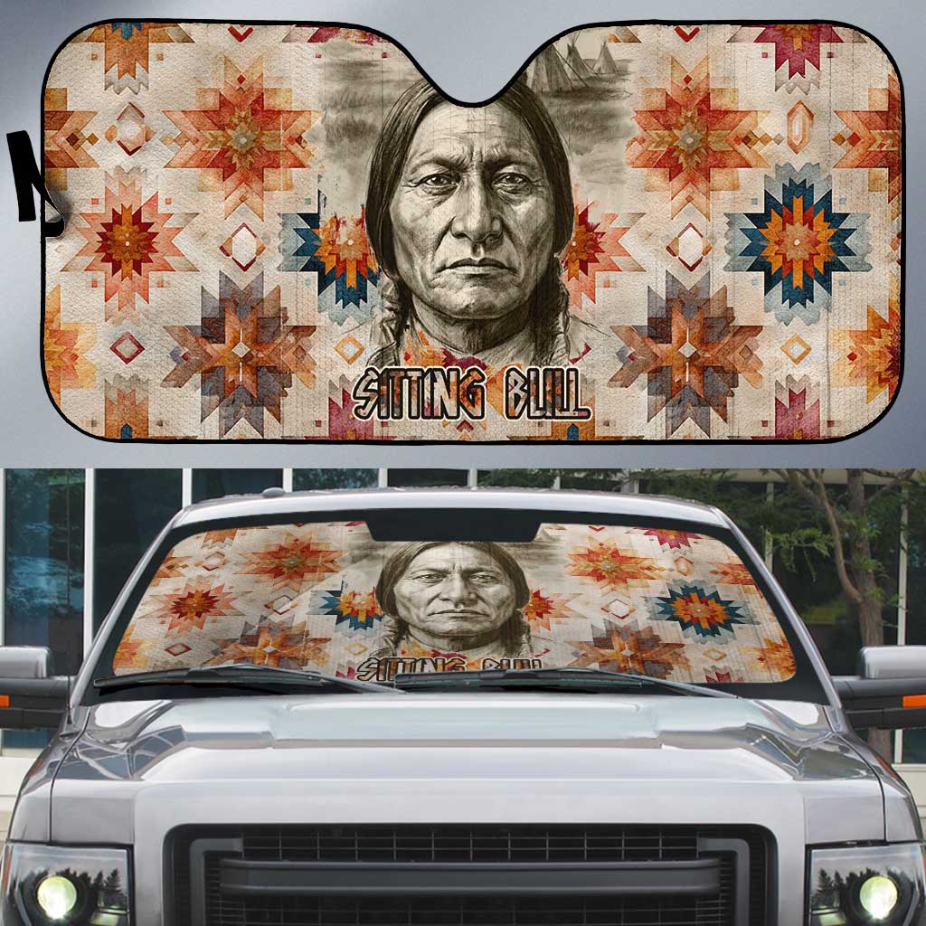 Sitting Bull Portrait Auto Sun Shade Native American Tipi with Feathers and Spears Indigenous Pride - Wonder Print Shop