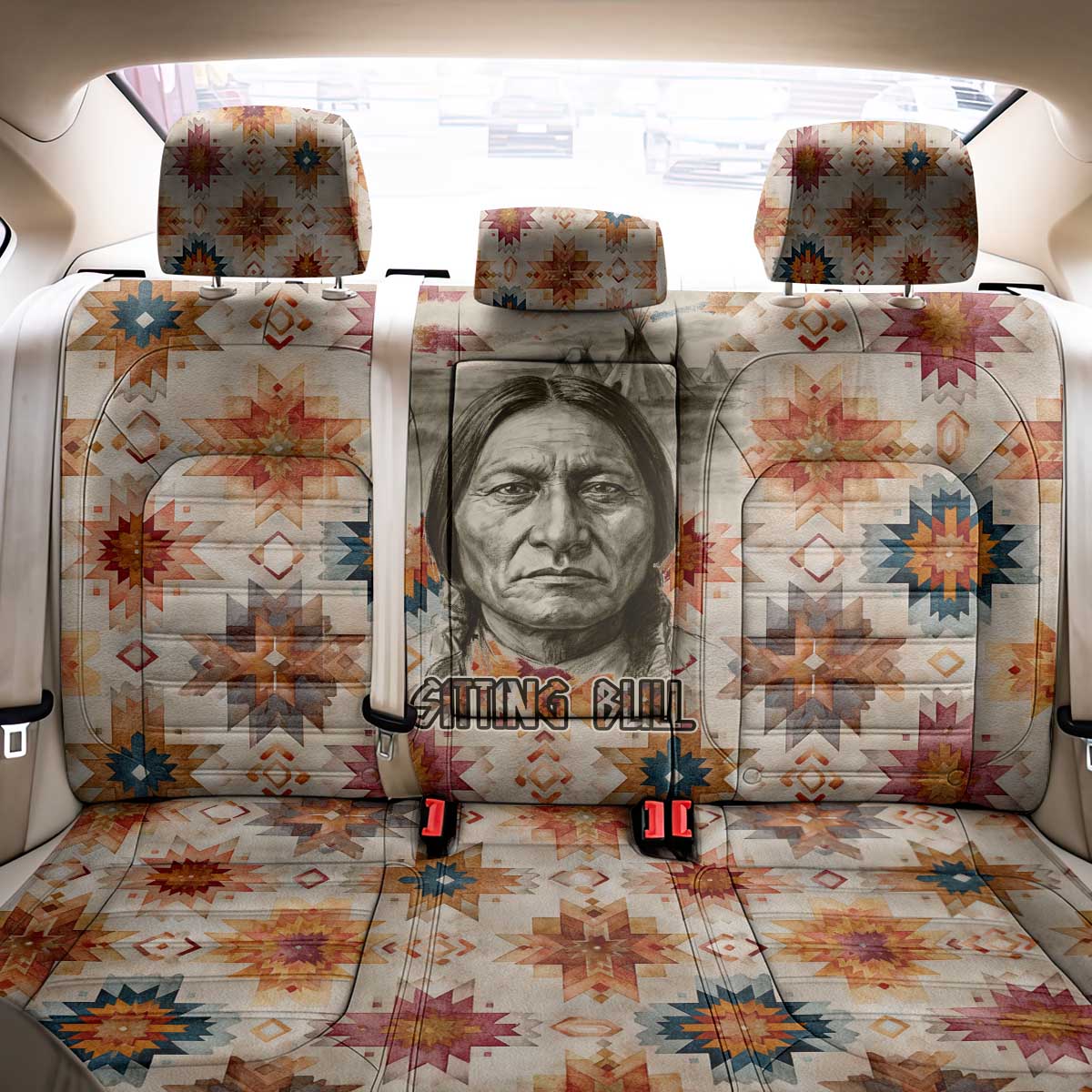 Sitting Bull Portrait Back Car Seat Cover Native American Tipi with Feathers and Spears Indigenous Pride - Wonder Print Shop