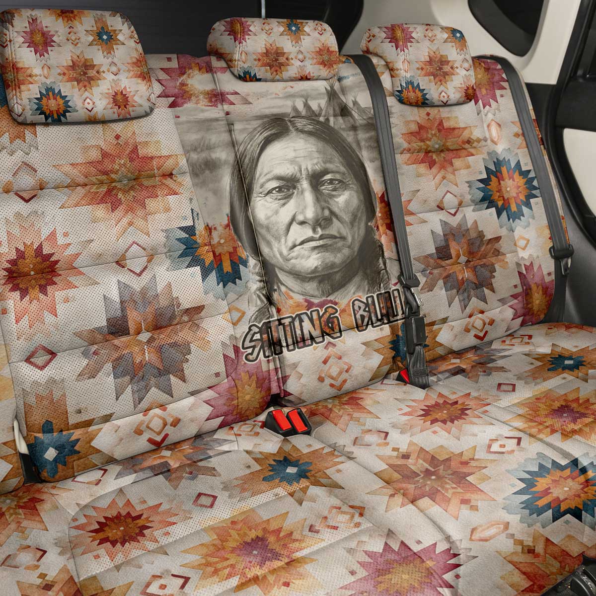 Sitting Bull Portrait Back Car Seat Cover Native American Tipi with Feathers and Spears Indigenous Pride - Wonder Print Shop