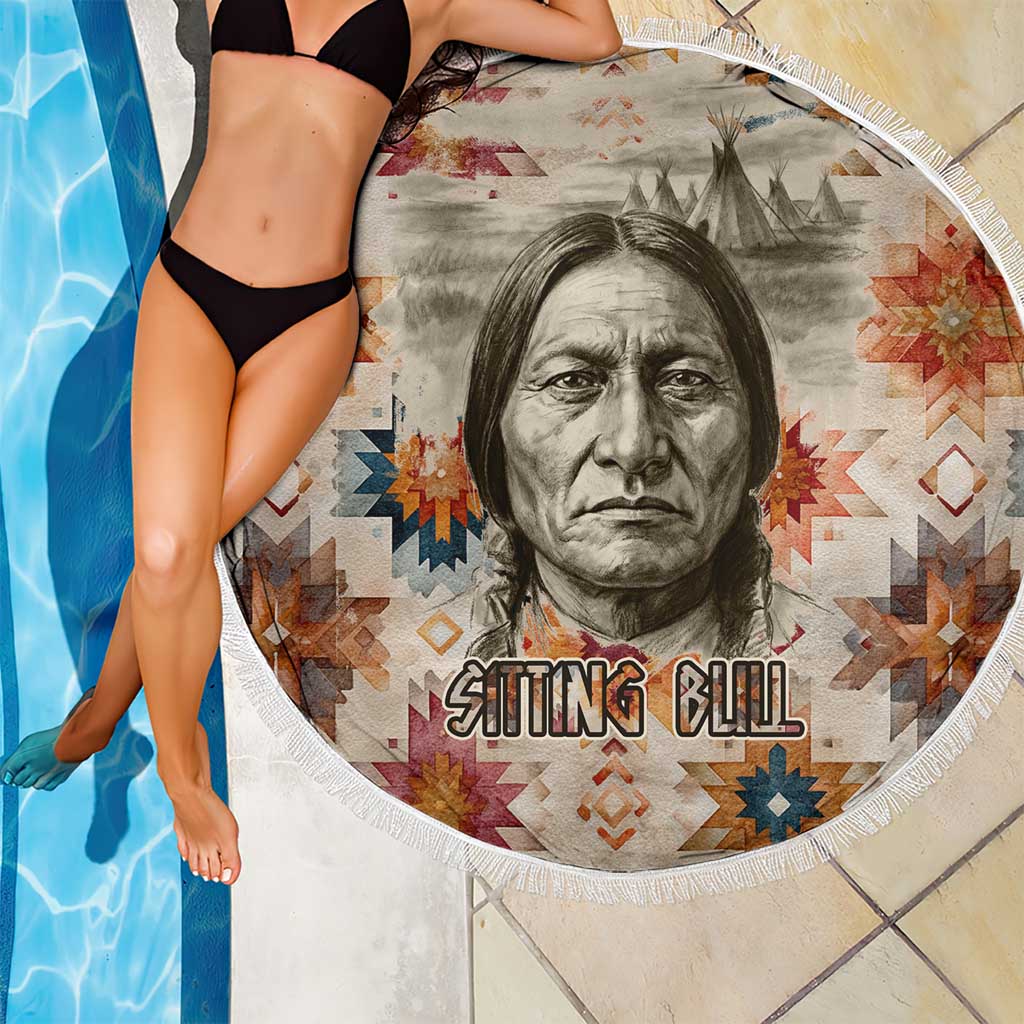 Sitting Bull Portrait Beach Blanket Native American Tipi with Feathers and Spears Indigenous Pride - Wonder Print Shop