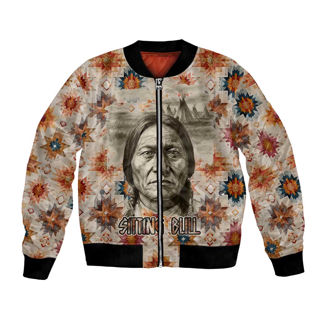 Sitting Bull Portrait Bomber Jacket Native American Tipi with Feathers and Spears Indigenous Pride - Wonder Print Shop