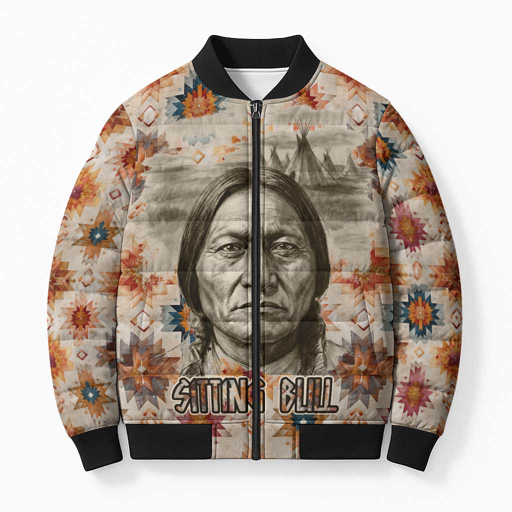 Sitting Bull Portrait Bomber Puffer Jacket Native American Tipi with Feathers and Spears Indigenous Pride - Wonder Print Shop