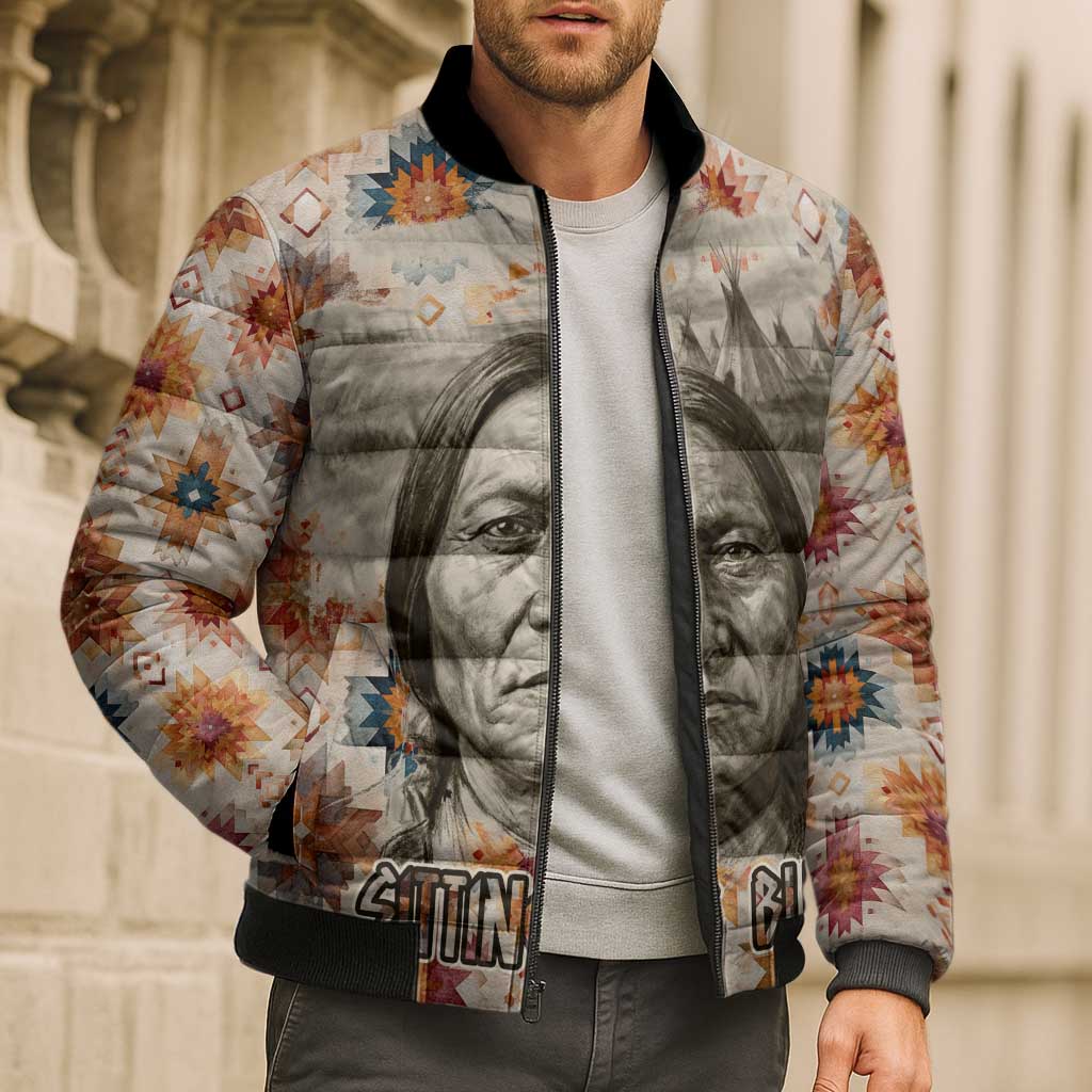 Sitting Bull Portrait Bomber Puffer Jacket Native American Tipi with Feathers and Spears Indigenous Pride - Wonder Print Shop