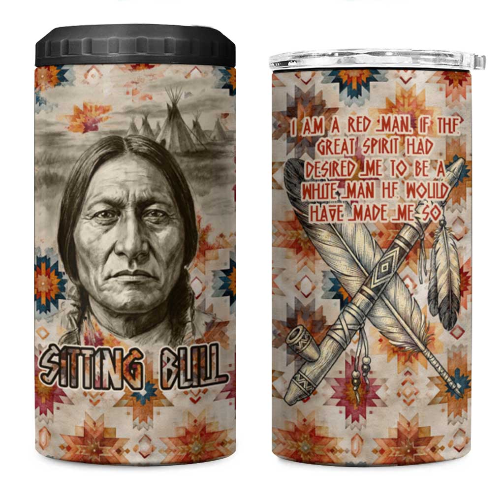 Sitting Bull Portrait 4 in 1 Can Cooler Tumbler Native American Tipi with Feathers and Spears Indigenous Pride - Wonder Print Shop