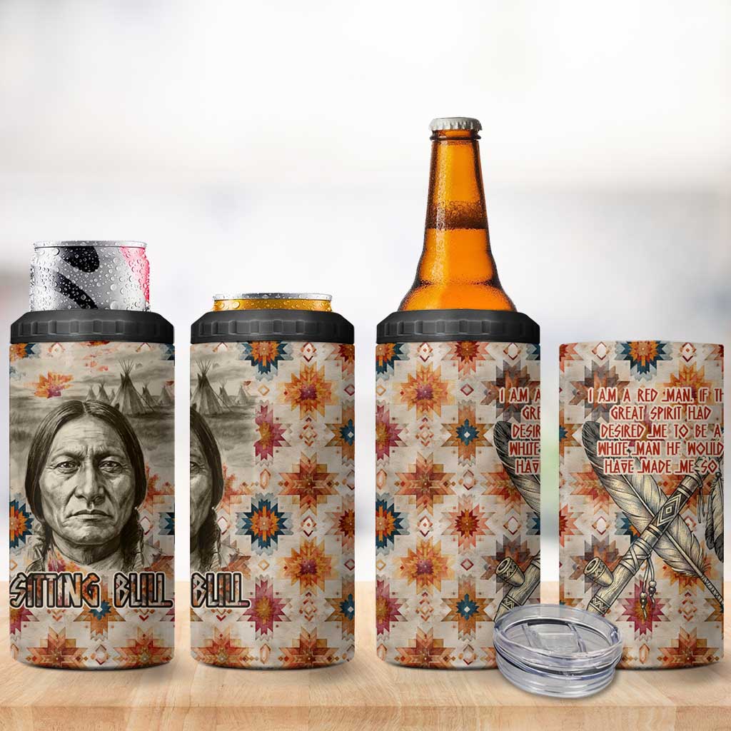 Sitting Bull Portrait 4 in 1 Can Cooler Tumbler Native American Tipi with Feathers and Spears Indigenous Pride - Wonder Print Shop