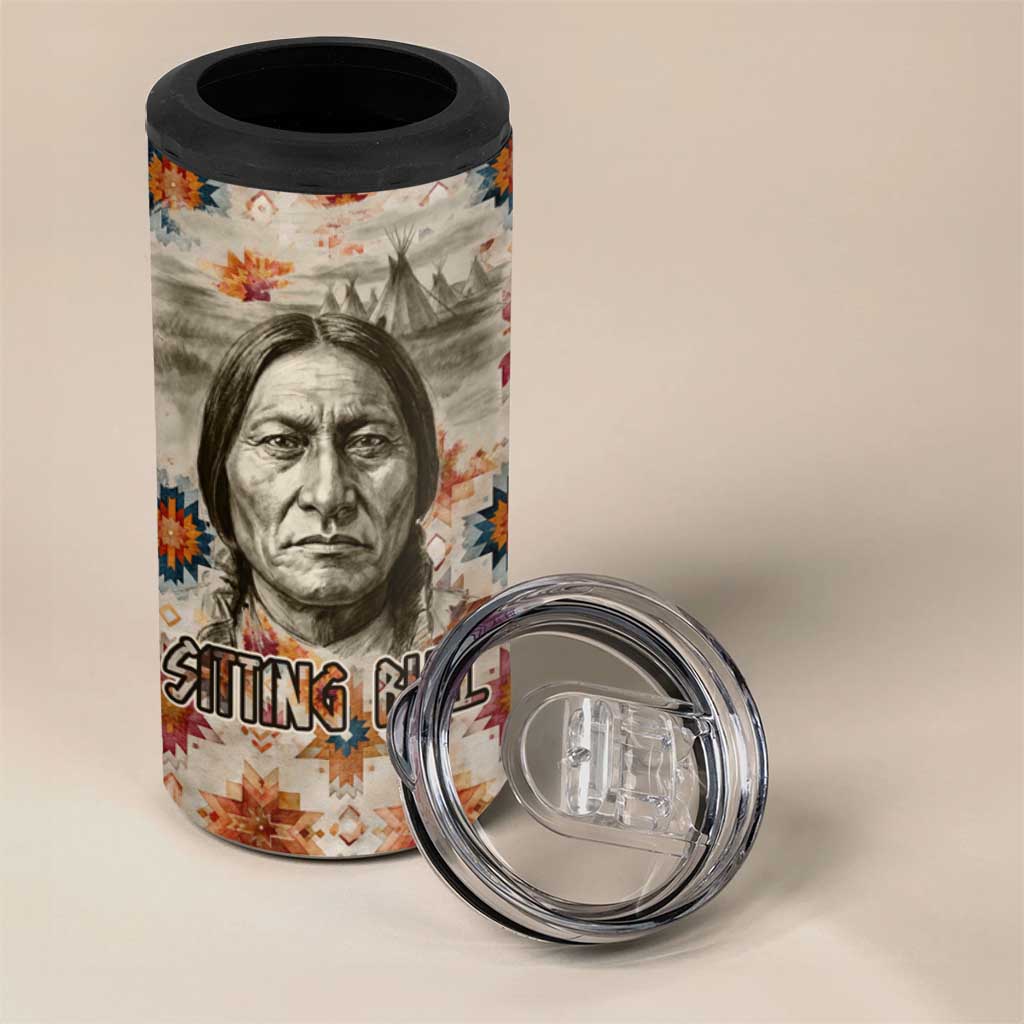 Sitting Bull Portrait 4 in 1 Can Cooler Tumbler Native American Tipi with Feathers and Spears Indigenous Pride - Wonder Print Shop