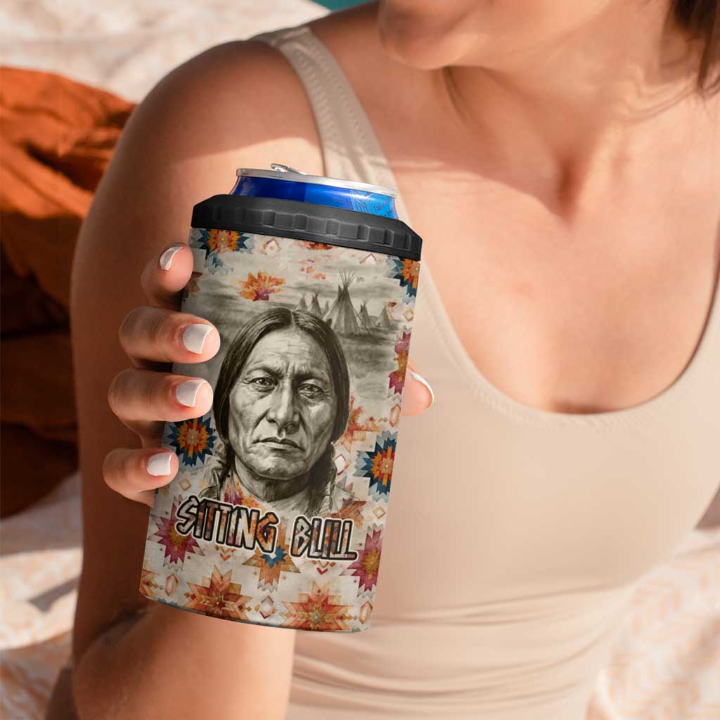 Sitting Bull Portrait 4 in 1 Can Cooler Tumbler Native American Tipi with Feathers and Spears Indigenous Pride - Wonder Print Shop