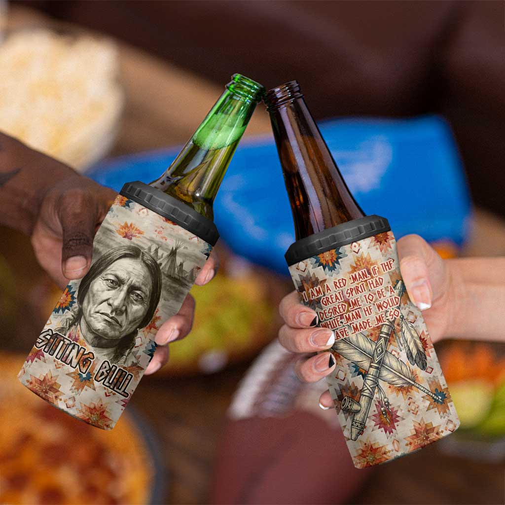 Sitting Bull Portrait 4 in 1 Can Cooler Tumbler Native American Tipi with Feathers and Spears Indigenous Pride - Wonder Print Shop