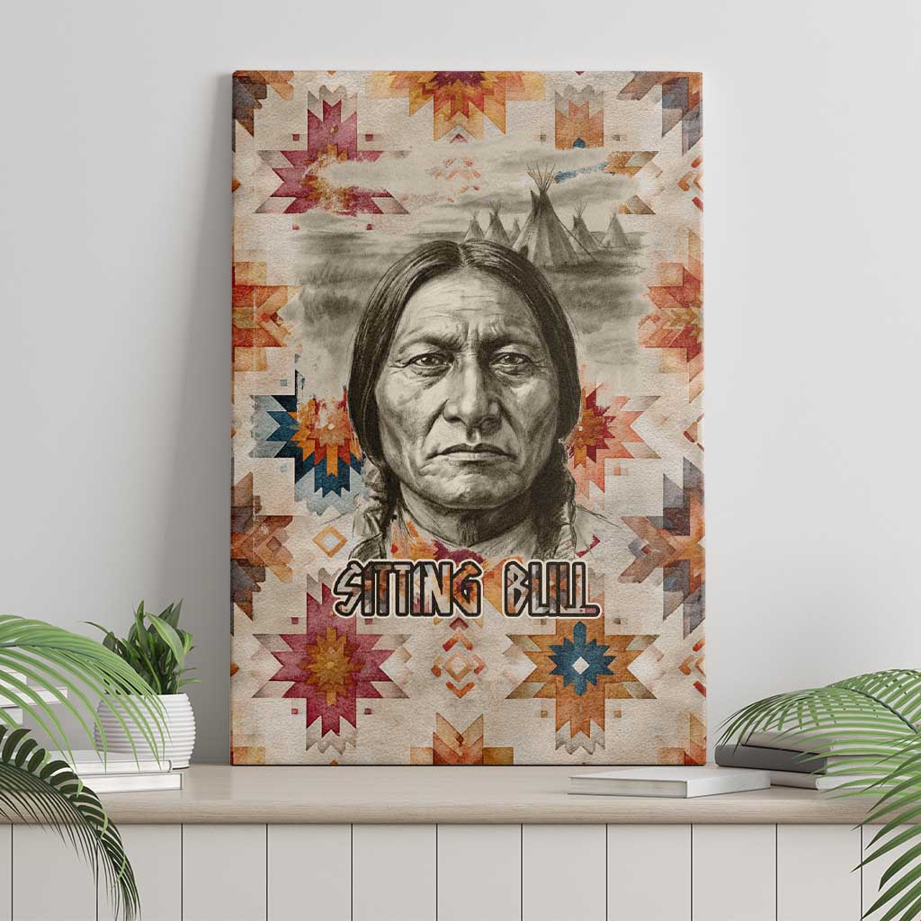 Sitting Bull Portrait Canvas Wall Art Native American Tipi with Feathers and Spears Indigenous Pride - Wonder Print Shop