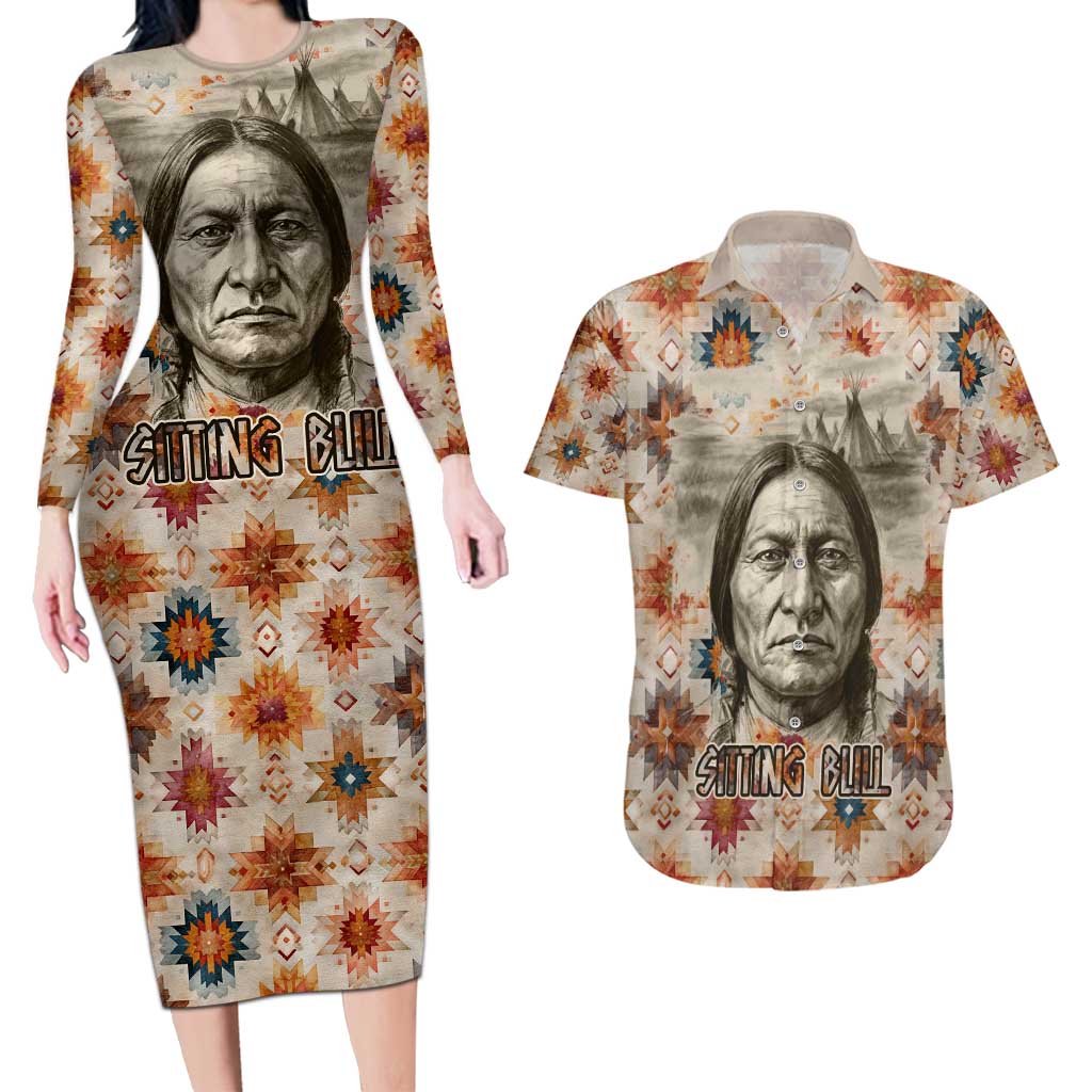 Sitting Bull Portrait Couples Matching Long Sleeve Bodycon Dress and Hawaiian Shirt Native American Tipi with Feathers and Spears Indigenous Pride - Wonder Print Shop