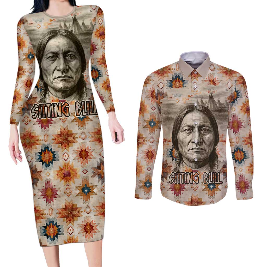 Sitting Bull Portrait Couples Matching Long Sleeve Bodycon Dress and Long Sleeve Button Shirt Native American Tipi with Feathers and Spears Indigenous Pride - Wonder Print Shop
