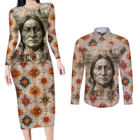 Sitting Bull Portrait Couples Matching Long Sleeve Bodycon Dress and Long Sleeve Button Shirt Native American Tipi with Feathers and Spears Indigenous Pride - Wonder Print Shop