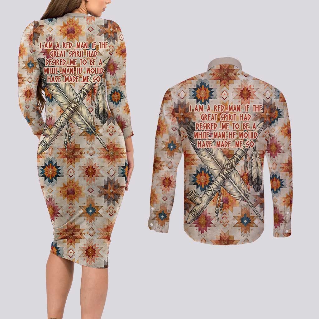 Sitting Bull Portrait Couples Matching Long Sleeve Bodycon Dress and Long Sleeve Button Shirt Native American Tipi with Feathers and Spears Indigenous Pride - Wonder Print Shop