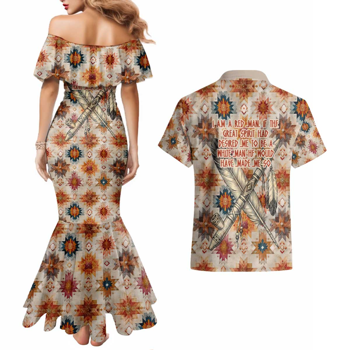Sitting Bull Portrait Couples Matching Mermaid Dress and Hawaiian Shirt Native American Tipi with Feathers and Spears Indigenous Pride - Wonder Print Shop