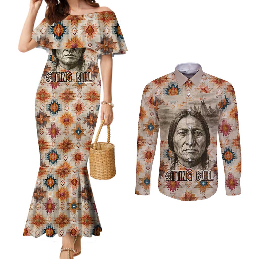 Sitting Bull Portrait Couples Matching Mermaid Dress and Long Sleeve Button Shirt Native American Tipi with Feathers and Spears Indigenous Pride - Wonder Print Shop