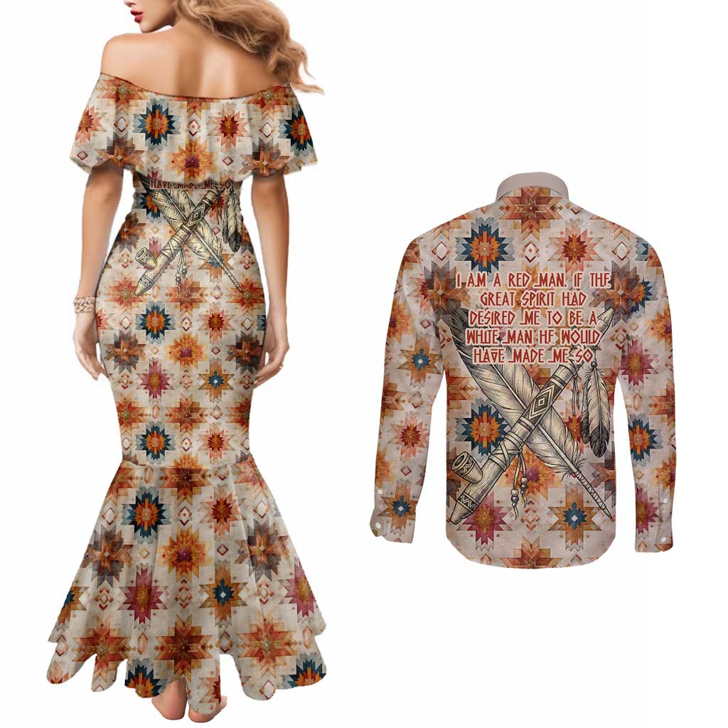 Sitting Bull Portrait Couples Matching Mermaid Dress and Long Sleeve Button Shirt Native American Tipi with Feathers and Spears Indigenous Pride - Wonder Print Shop