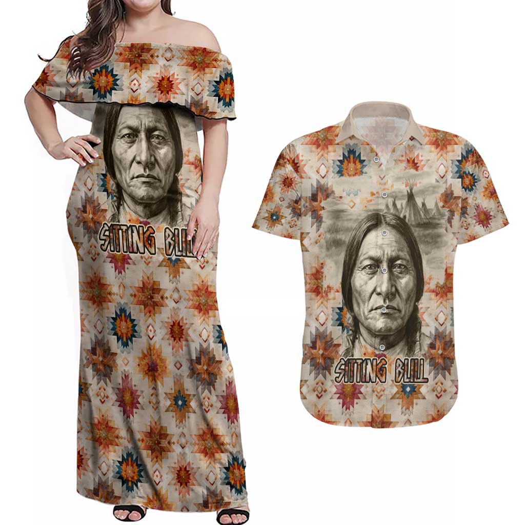 Sitting Bull Portrait Couples Matching Off Shoulder Maxi Dress and Hawaiian Shirt Native American Tipi with Feathers and Spears Indigenous Pride - Wonder Print Shop