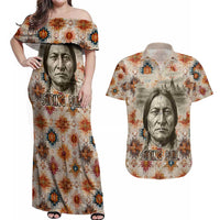 Sitting Bull Portrait Couples Matching Off Shoulder Maxi Dress and Hawaiian Shirt Native American Tipi with Feathers and Spears Indigenous Pride - Wonder Print Shop
