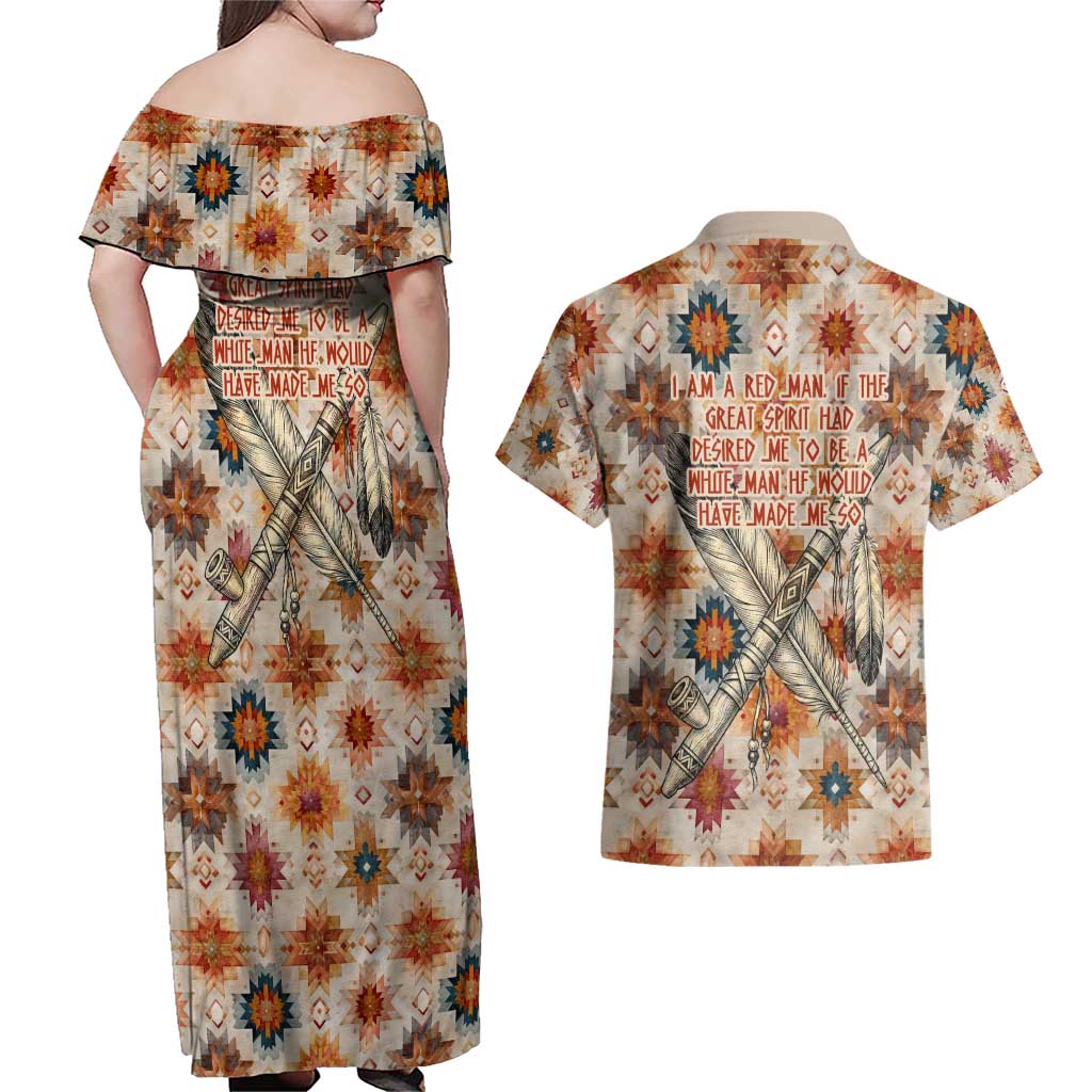 Sitting Bull Portrait Couples Matching Off Shoulder Maxi Dress and Hawaiian Shirt Native American Tipi with Feathers and Spears Indigenous Pride - Wonder Print Shop