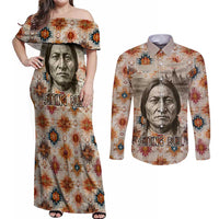 Sitting Bull Portrait Couples Matching Off Shoulder Maxi Dress and Long Sleeve Button Shirt Native American Tipi with Feathers and Spears Indigenous Pride - Wonder Print Shop