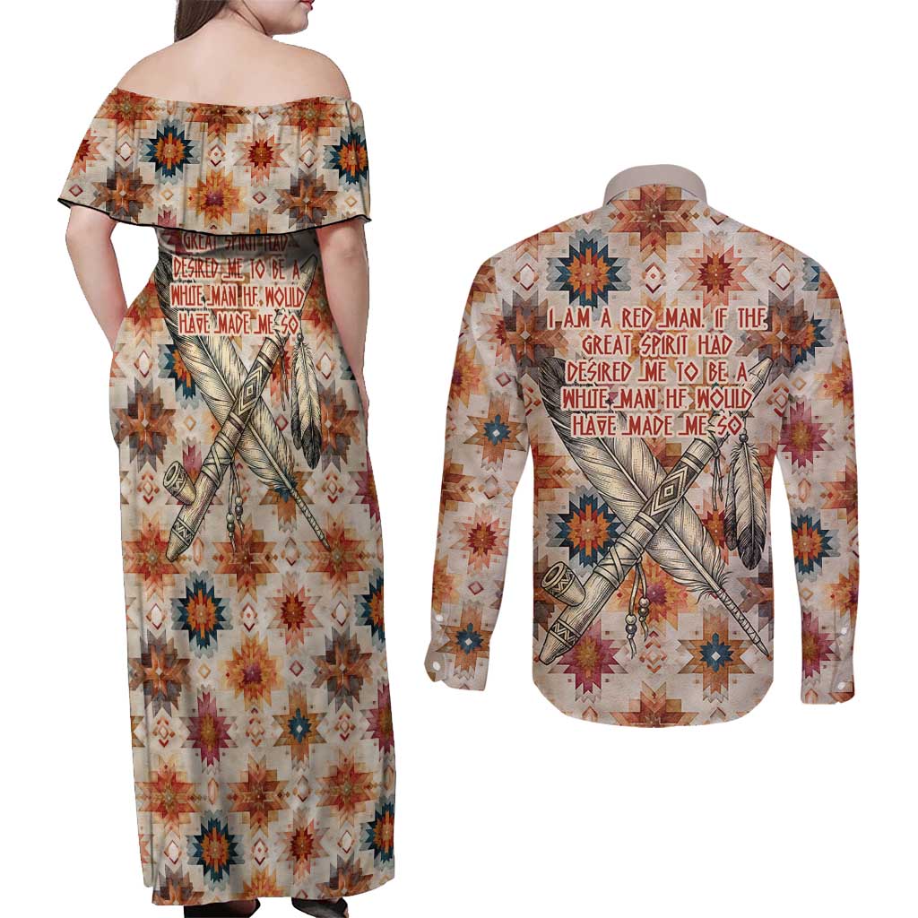 Sitting Bull Portrait Couples Matching Off Shoulder Maxi Dress and Long Sleeve Button Shirt Native American Tipi with Feathers and Spears Indigenous Pride - Wonder Print Shop