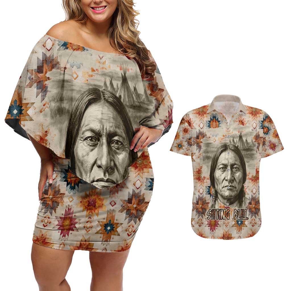 Sitting Bull Portrait Couples Matching Off Shoulder Short Dress and Hawaiian Shirt Native American Tipi with Feathers and Spears Indigenous Pride - Wonder Print Shop