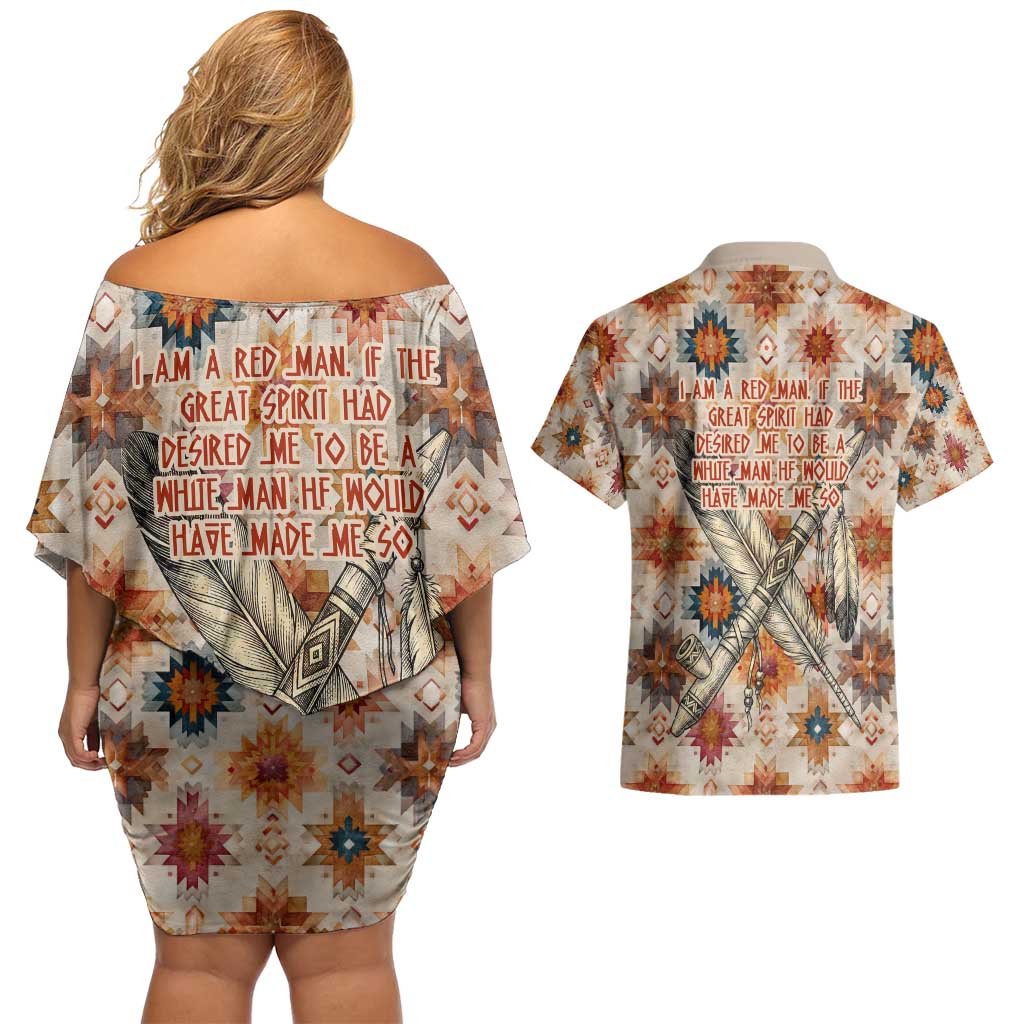 Sitting Bull Portrait Couples Matching Off Shoulder Short Dress and Hawaiian Shirt Native American Tipi with Feathers and Spears Indigenous Pride - Wonder Print Shop