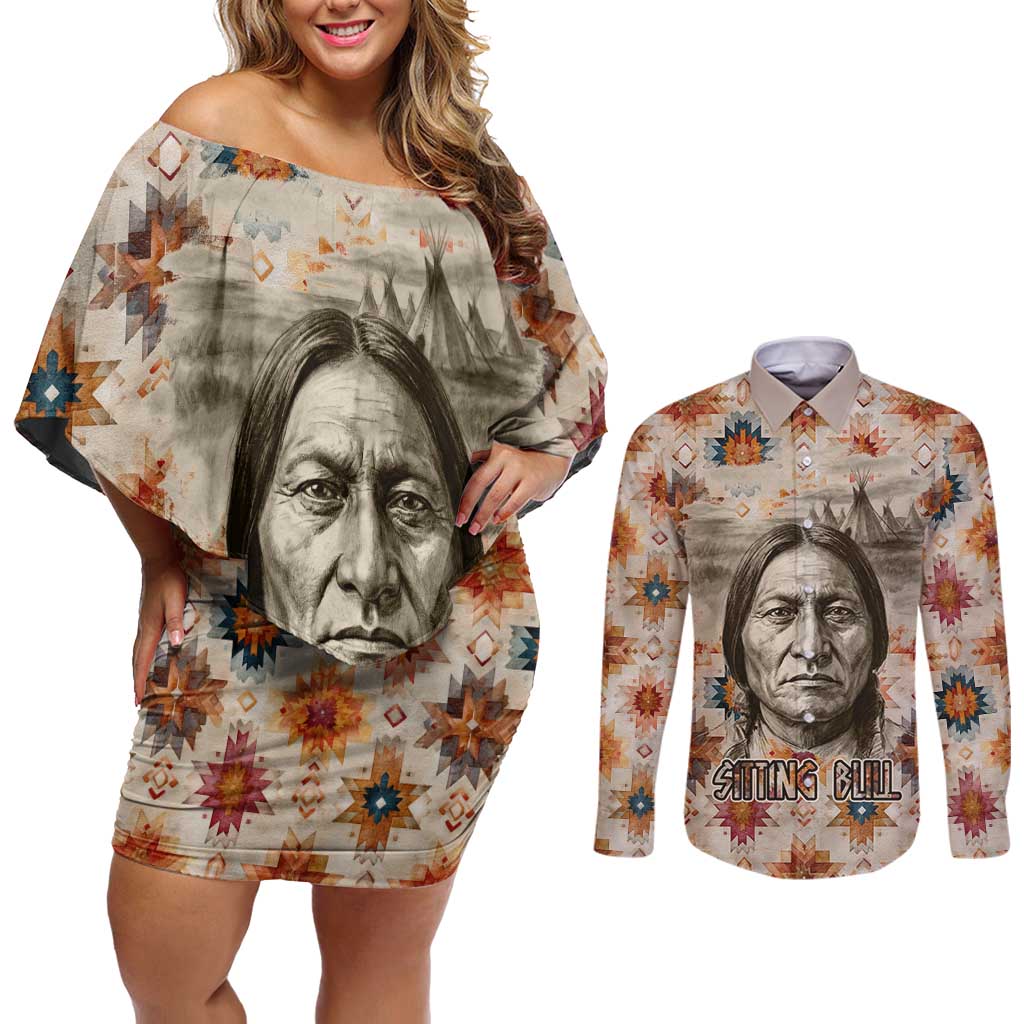 Sitting Bull Portrait Couples Matching Off Shoulder Short Dress and Long Sleeve Button Shirt Native American Tipi with Feathers and Spears Indigenous Pride - Wonder Print Shop