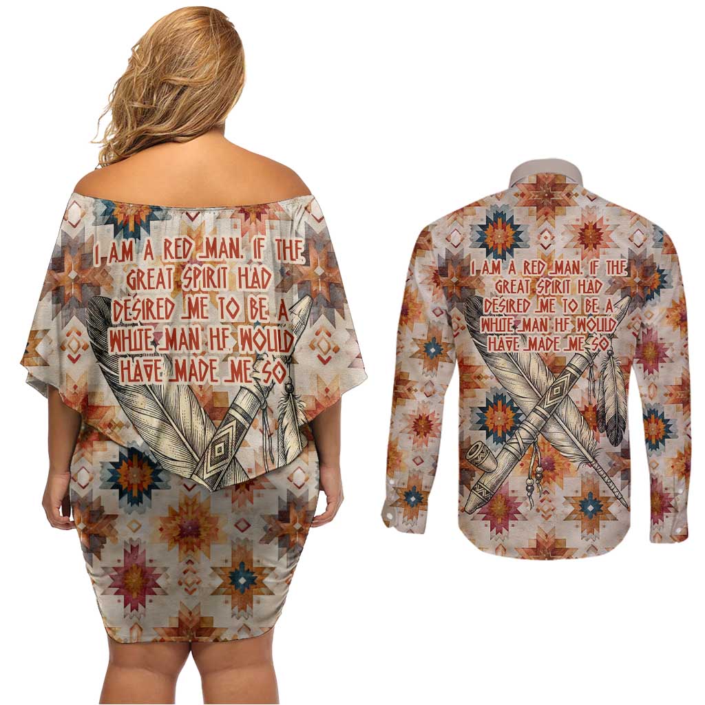 Sitting Bull Portrait Couples Matching Off Shoulder Short Dress and Long Sleeve Button Shirt Native American Tipi with Feathers and Spears Indigenous Pride - Wonder Print Shop