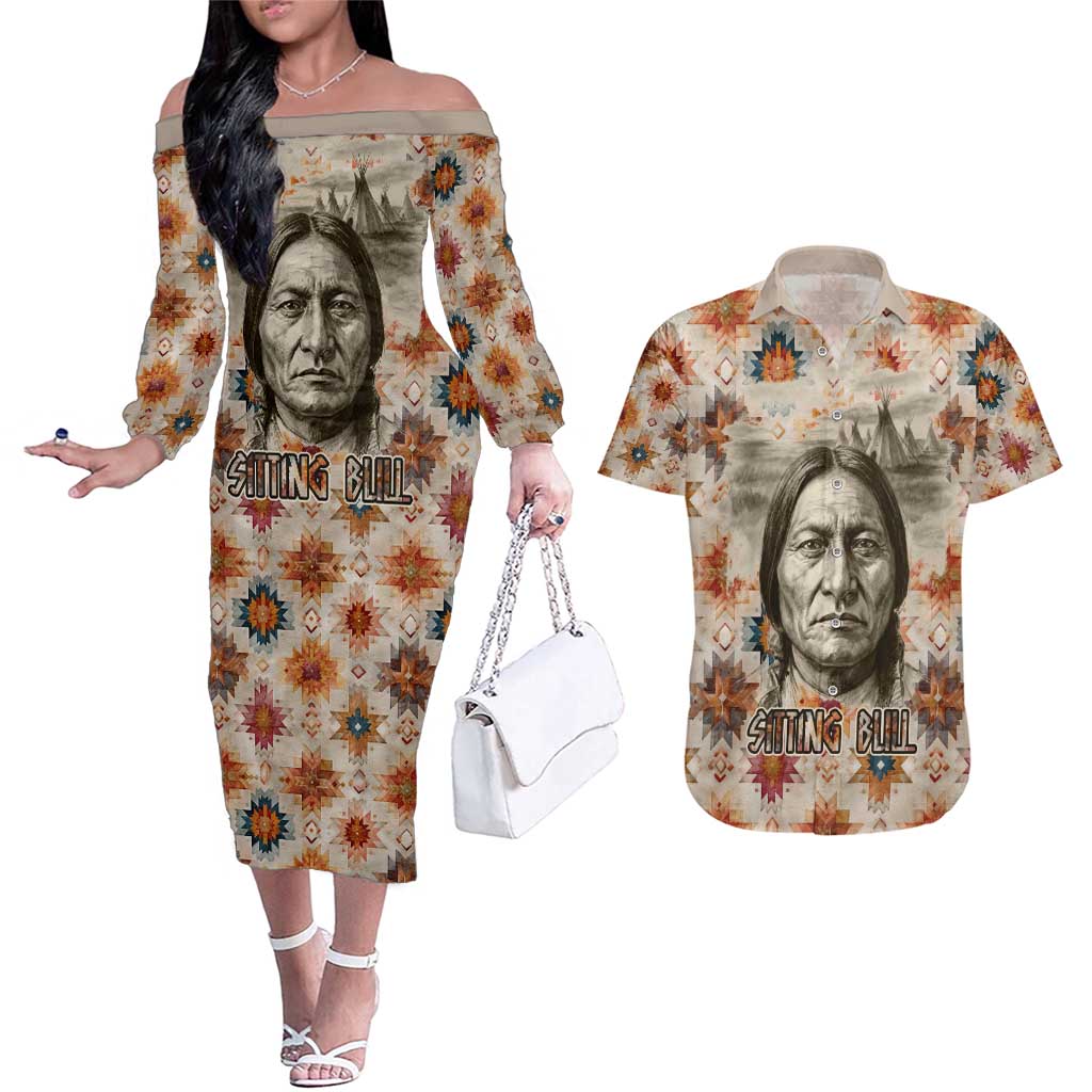 Sitting Bull Portrait Couples Matching Off The Shoulder Long Sleeve Dress and Hawaiian Shirt Native American Tipi with Feathers and Spears Indigenous Pride - Wonder Print Shop