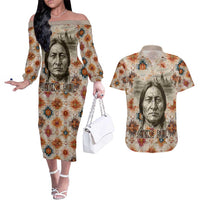 Sitting Bull Portrait Couples Matching Off The Shoulder Long Sleeve Dress and Hawaiian Shirt Native American Tipi with Feathers and Spears Indigenous Pride - Wonder Print Shop