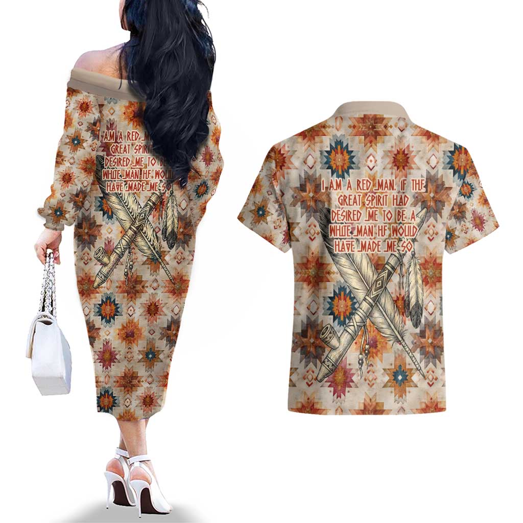 Sitting Bull Portrait Couples Matching Off The Shoulder Long Sleeve Dress and Hawaiian Shirt Native American Tipi with Feathers and Spears Indigenous Pride - Wonder Print Shop