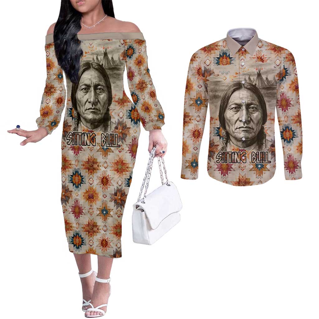 Sitting Bull Portrait Couples Matching Off The Shoulder Long Sleeve Dress and Long Sleeve Button Shirt Native American Tipi with Feathers and Spears Indigenous Pride - Wonder Print Shop