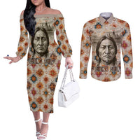 Sitting Bull Portrait Couples Matching Off The Shoulder Long Sleeve Dress and Long Sleeve Button Shirt Native American Tipi with Feathers and Spears Indigenous Pride - Wonder Print Shop