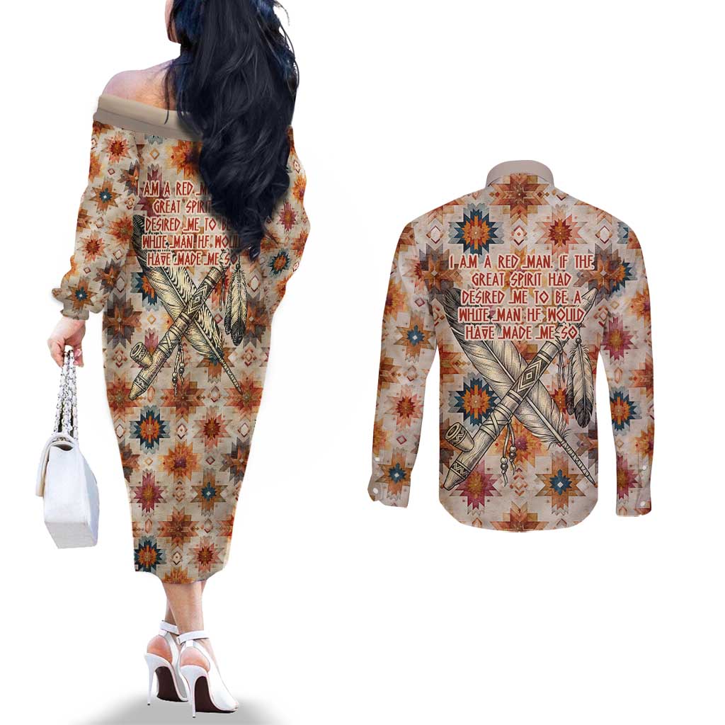 Sitting Bull Portrait Couples Matching Off The Shoulder Long Sleeve Dress and Long Sleeve Button Shirt Native American Tipi with Feathers and Spears Indigenous Pride - Wonder Print Shop