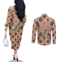 Sitting Bull Portrait Couples Matching Off The Shoulder Long Sleeve Dress and Long Sleeve Button Shirt Native American Tipi with Feathers and Spears Indigenous Pride - Wonder Print Shop