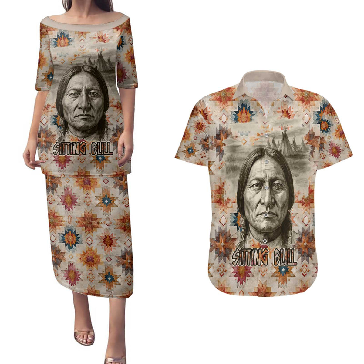 Sitting Bull Portrait Couples Matching Puletasi and Hawaiian Shirt Native American Tipi with Feathers and Spears Indigenous Pride - Wonder Print Shop