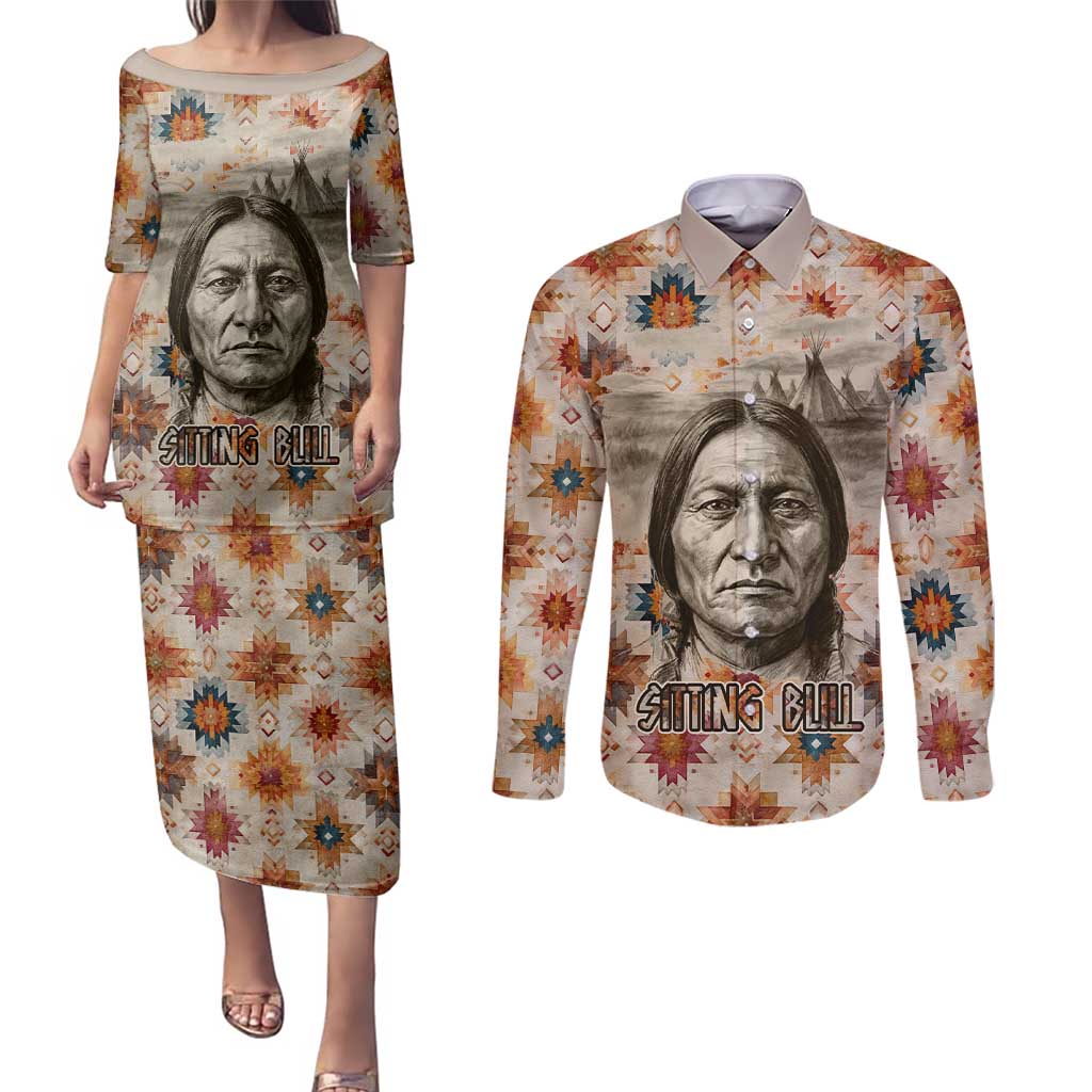 Sitting Bull Portrait Couples Matching Puletasi and Long Sleeve Button Shirt Native American Tipi with Feathers and Spears Indigenous Pride - Wonder Print Shop