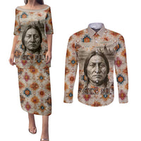 Sitting Bull Portrait Couples Matching Puletasi and Long Sleeve Button Shirt Native American Tipi with Feathers and Spears Indigenous Pride - Wonder Print Shop