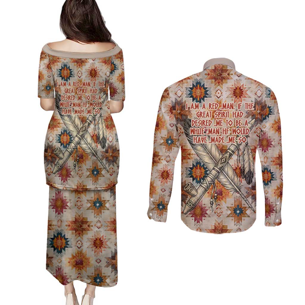 Sitting Bull Portrait Couples Matching Puletasi and Long Sleeve Button Shirt Native American Tipi with Feathers and Spears Indigenous Pride - Wonder Print Shop