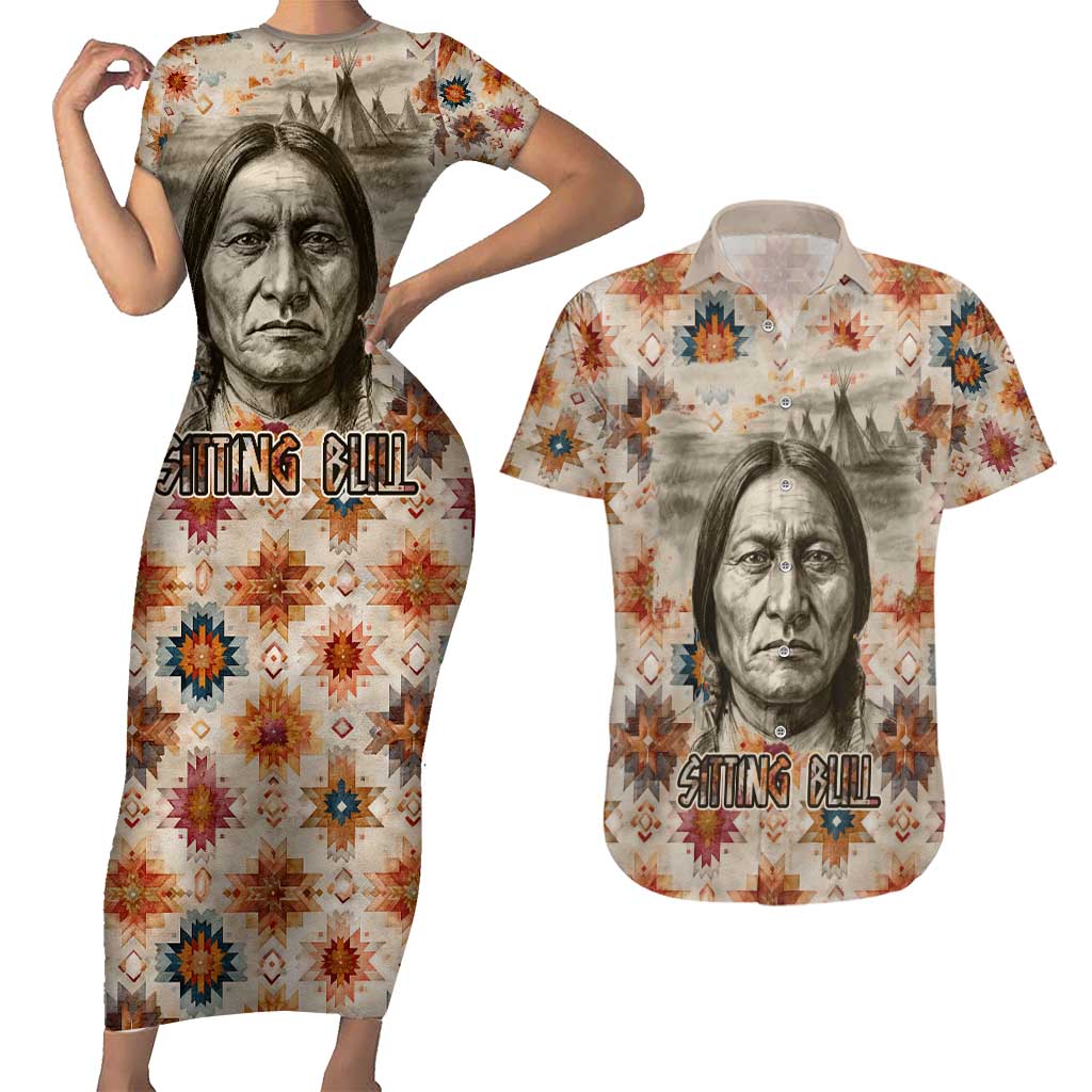Sitting Bull Portrait Couples Matching Short Sleeve Bodycon Dress and Hawaiian Shirt Native American Tipi with Feathers and Spears Indigenous Pride - Wonder Print Shop