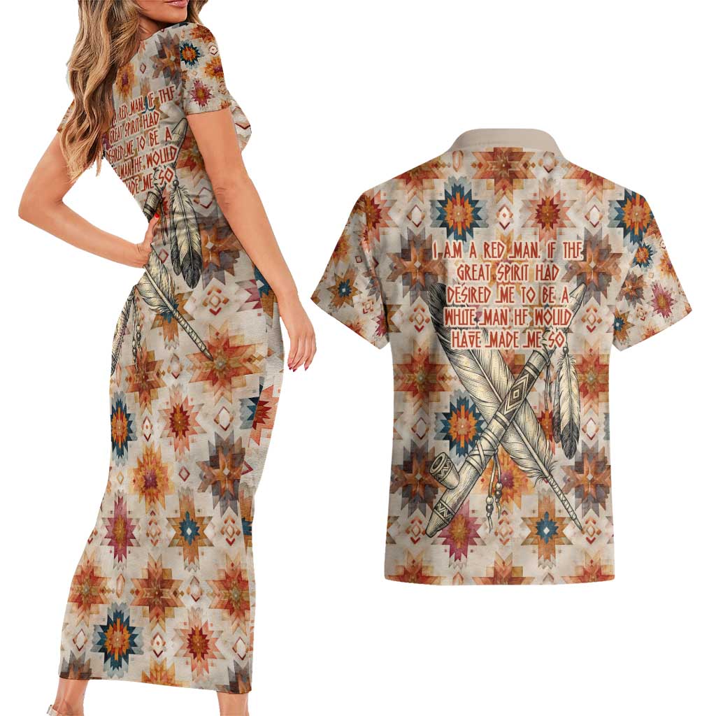 Sitting Bull Portrait Couples Matching Short Sleeve Bodycon Dress and Hawaiian Shirt Native American Tipi with Feathers and Spears Indigenous Pride - Wonder Print Shop