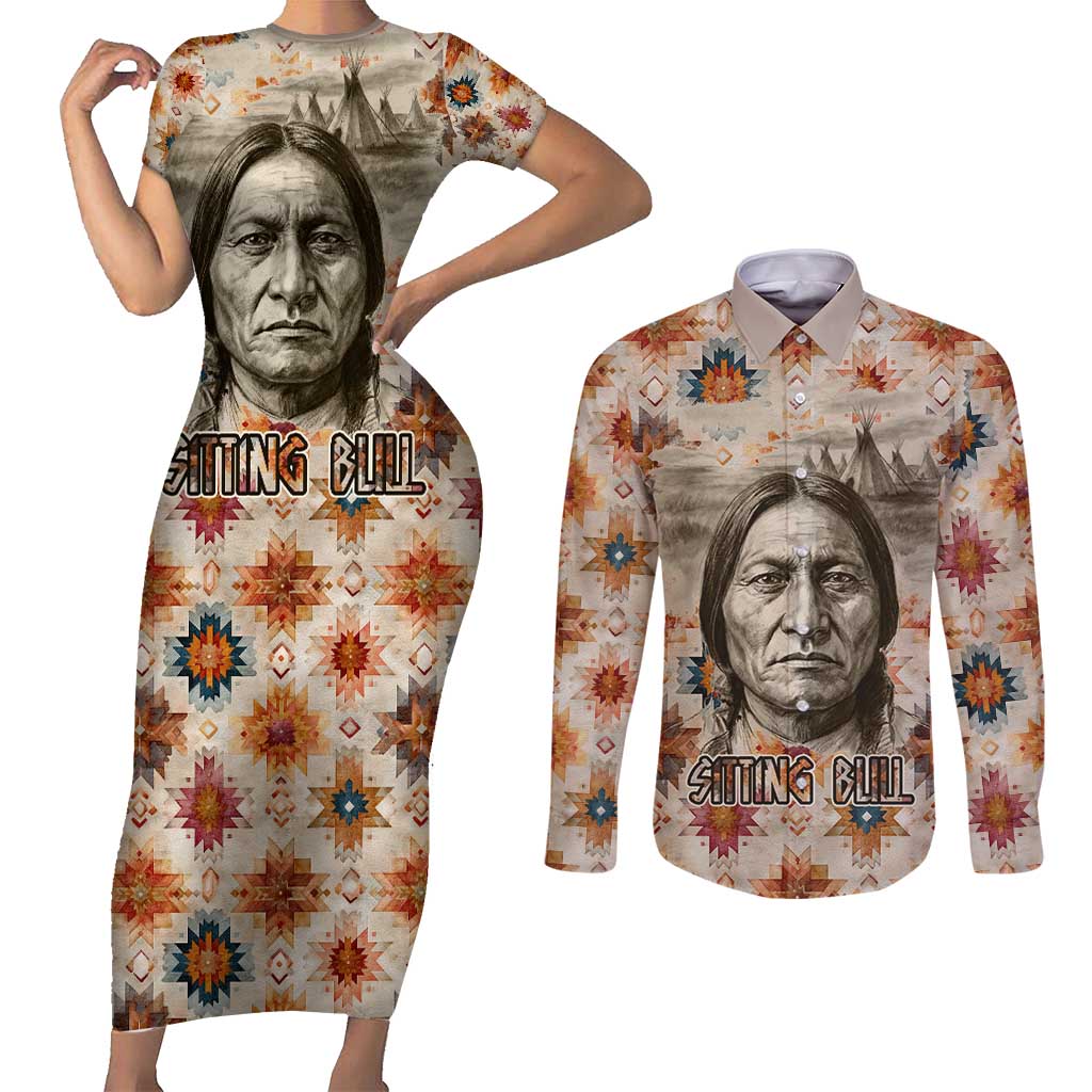 Sitting Bull Portrait Couples Matching Short Sleeve Bodycon Dress and Long Sleeve Button Shirt Native American Tipi with Feathers and Spears Indigenous Pride - Wonder Print Shop