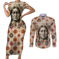 Sitting Bull Portrait Couples Matching Short Sleeve Bodycon Dress and Long Sleeve Button Shirt Native American Tipi with Feathers and Spears Indigenous Pride - Wonder Print Shop
