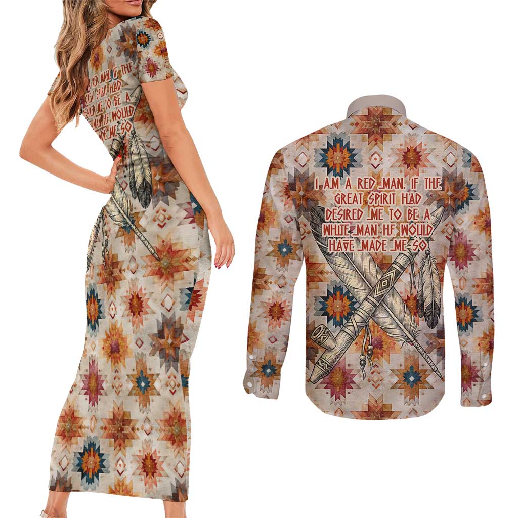 Sitting Bull Portrait Couples Matching Short Sleeve Bodycon Dress and Long Sleeve Button Shirt Native American Tipi with Feathers and Spears Indigenous Pride - Wonder Print Shop