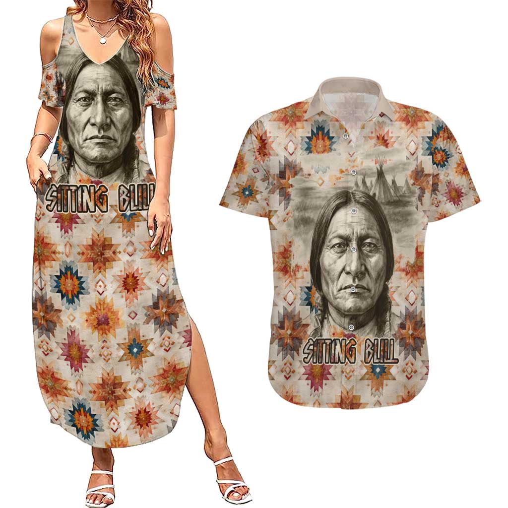 Sitting Bull Portrait Couples Matching Summer Maxi Dress and Hawaiian Shirt Native American Tipi with Feathers and Spears Indigenous Pride - Wonder Print Shop