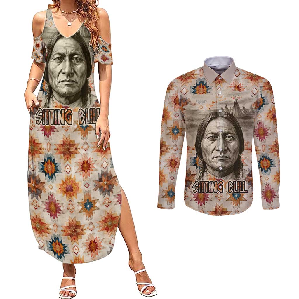 Sitting Bull Portrait Couples Matching Summer Maxi Dress and Long Sleeve Button Shirt Native American Tipi with Feathers and Spears Indigenous Pride - Wonder Print Shop